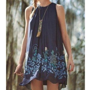 Anthropologie Not So Serious Dress Womens 12 Blue Swing Embroidered 0001144 New